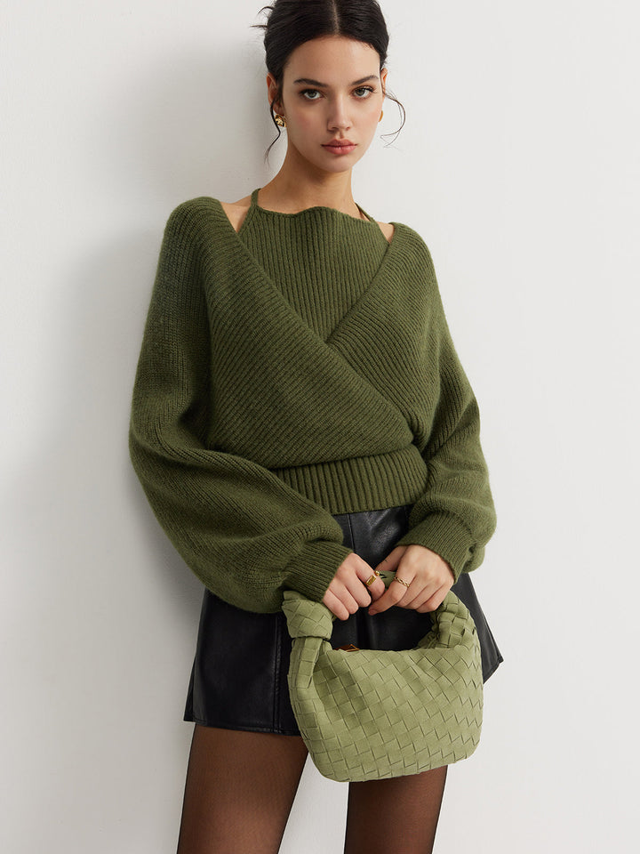 Női kötött átlapolós pulóver, hosszú ujjú felső kryssyinkKnitted Wrap Sweater