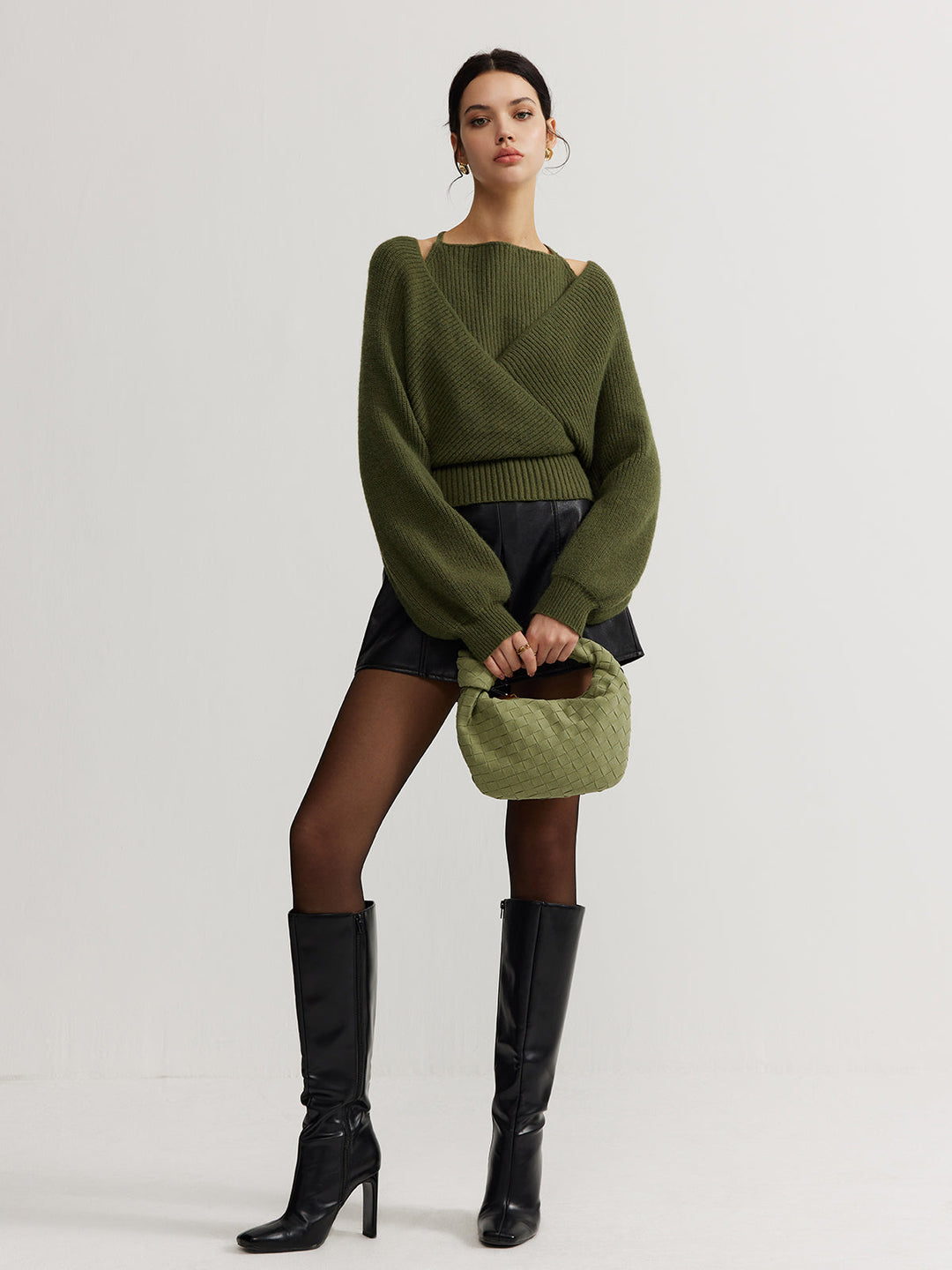 Női kötött átlapolós pulóver, hosszú ujjú felső kryssyinkKnitted Wrap Sweater