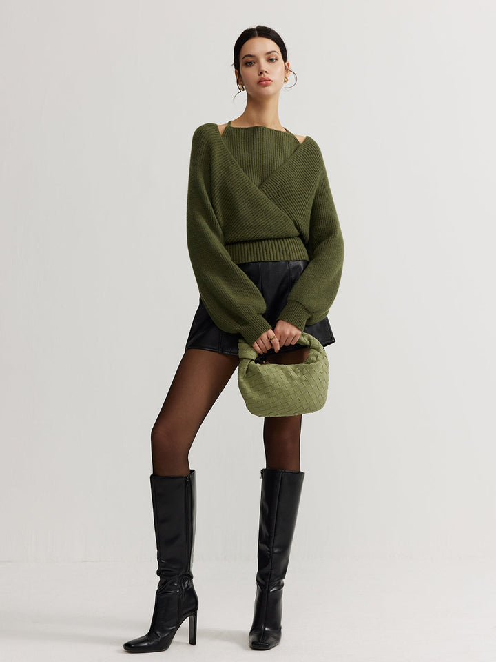 Női kötött átlapolós pulóver, hosszú ujjú felső kryssyinkKnitted Wrap Sweater