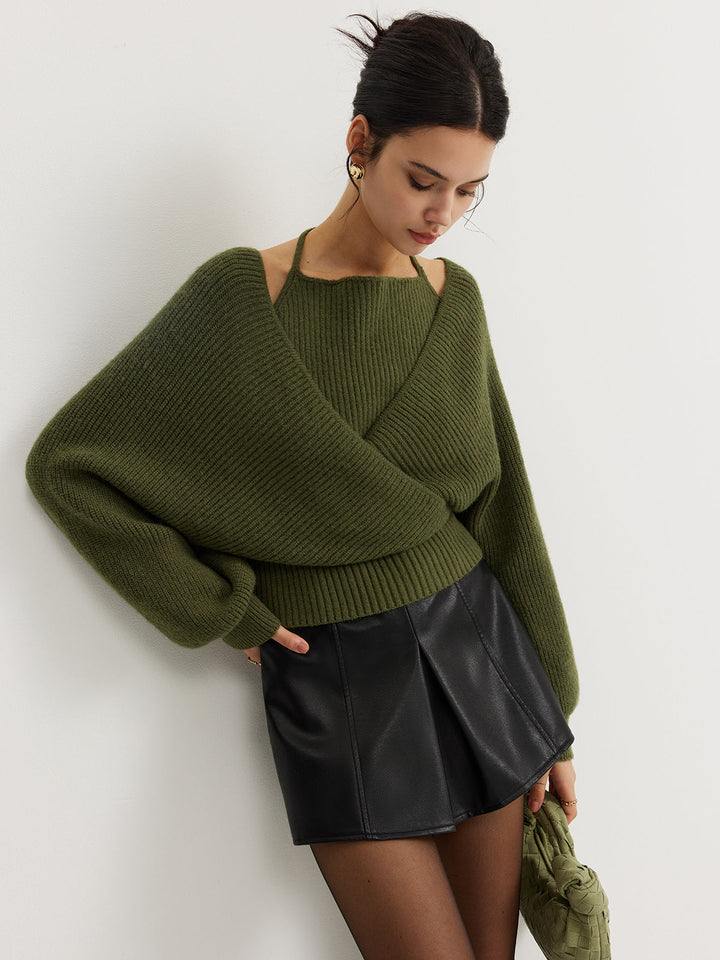 Női kötött átlapolós pulóver, hosszú ujjú felső kryssyinkKnitted Wrap Sweater