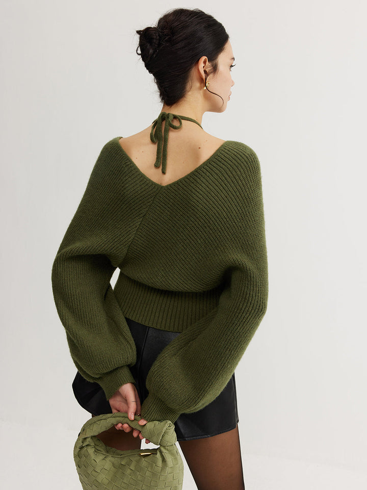 Női kötött átlapolós pulóver, hosszú ujjú felső kryssyinkKnitted Wrap Sweater