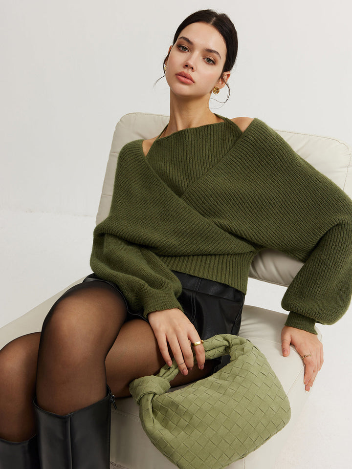 Női kötött átlapolós pulóver, hosszú ujjú felső kryssyinkKnitted Wrap Sweater