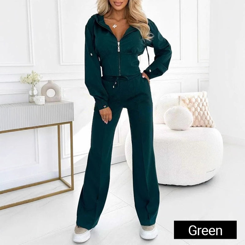 Women's Knit Zip-Up Wide-Leg Two-Piece Set