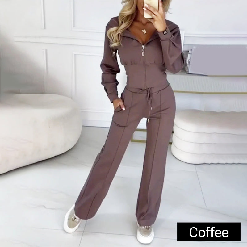 Women's Knit Zip-Up Wide-Leg Two-Piece Set