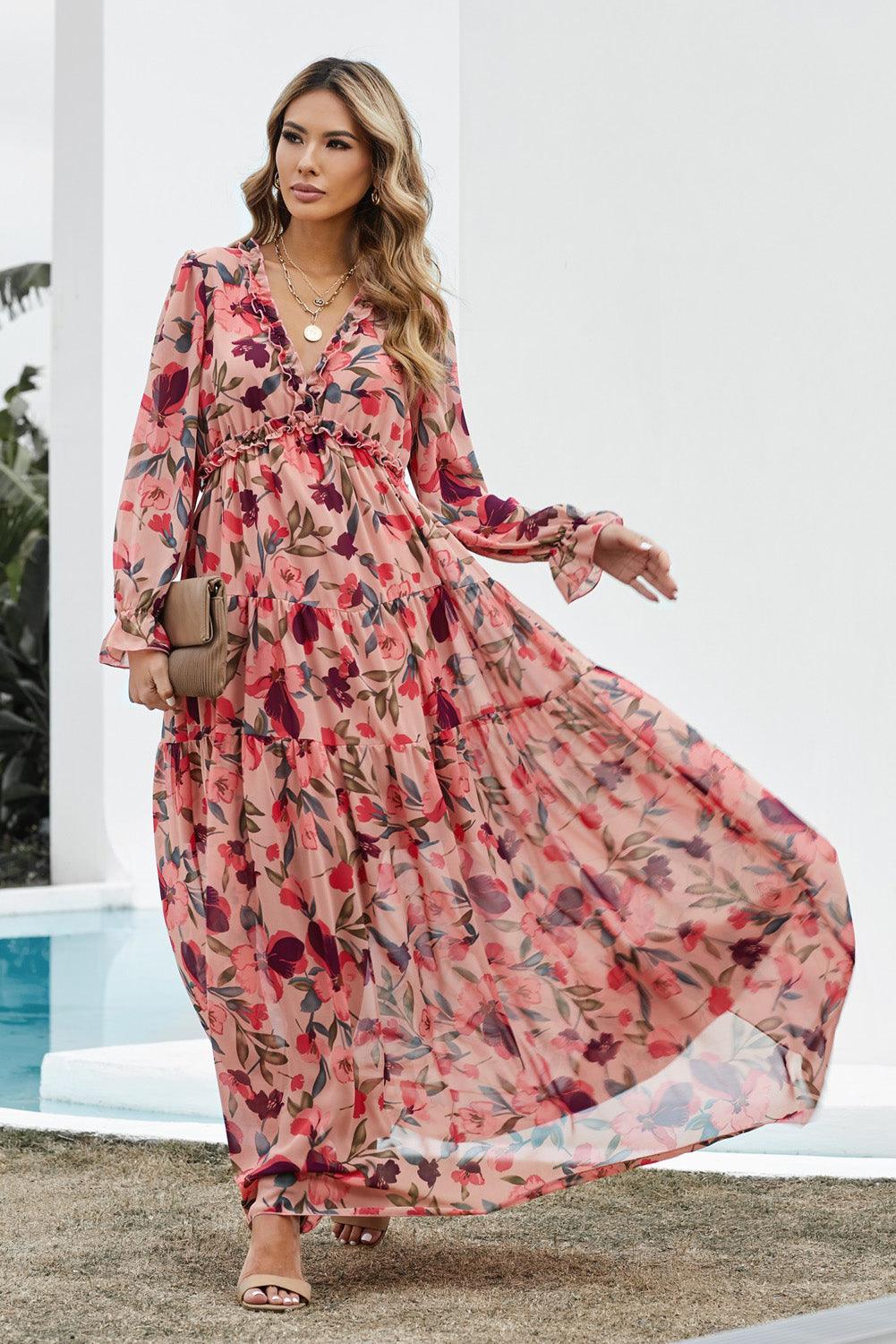 Women's Chiffon Floral V Neck Long Sleeve Maxi Dress