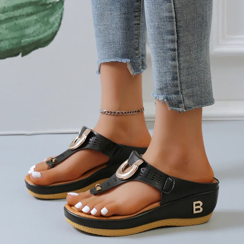 Sandales compensées en cuir pour femmes, plateformes, tongs, mules et tongs à semelle plate