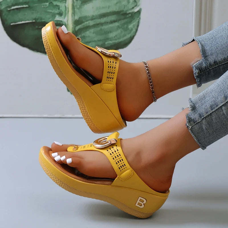 Sandales compensées en cuir pour femmes, plateformes, tongs, mules et tongs à semelle plate