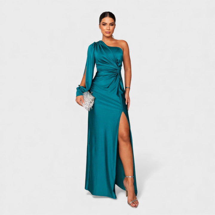 Women's Satin One-Shoulder Slit Maxi Dress