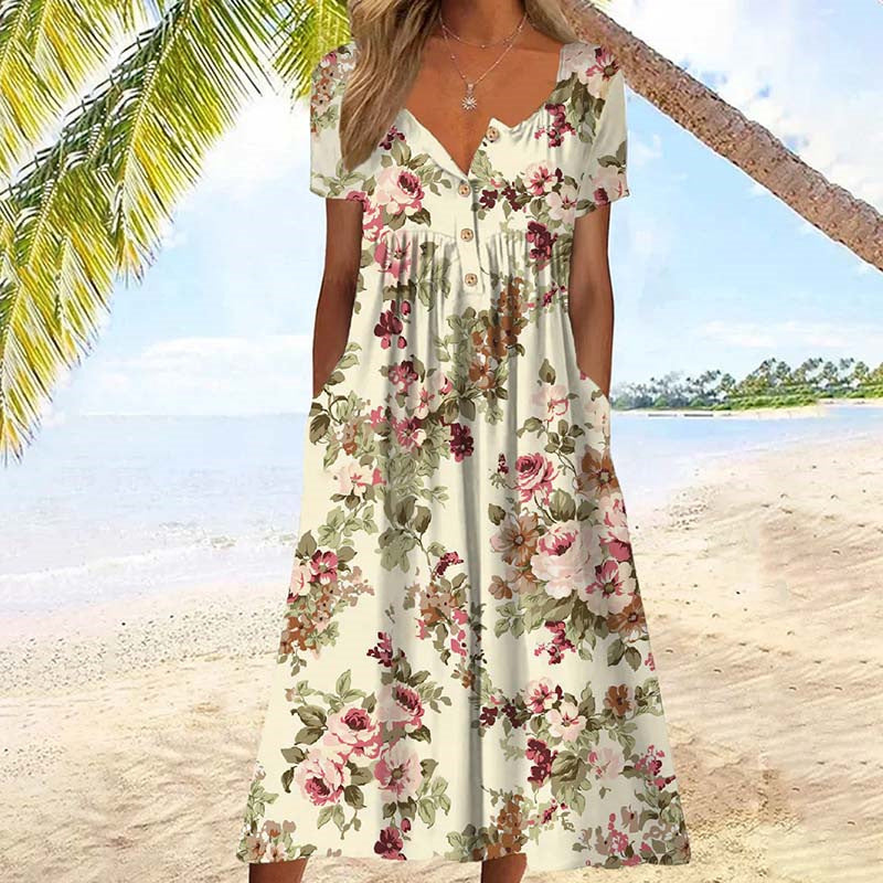 Women's Floral Print Linen V-Neck Midi Dress