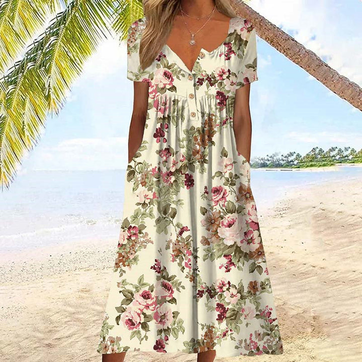 Women's Floral Print Linen V-Neck Midi Dress