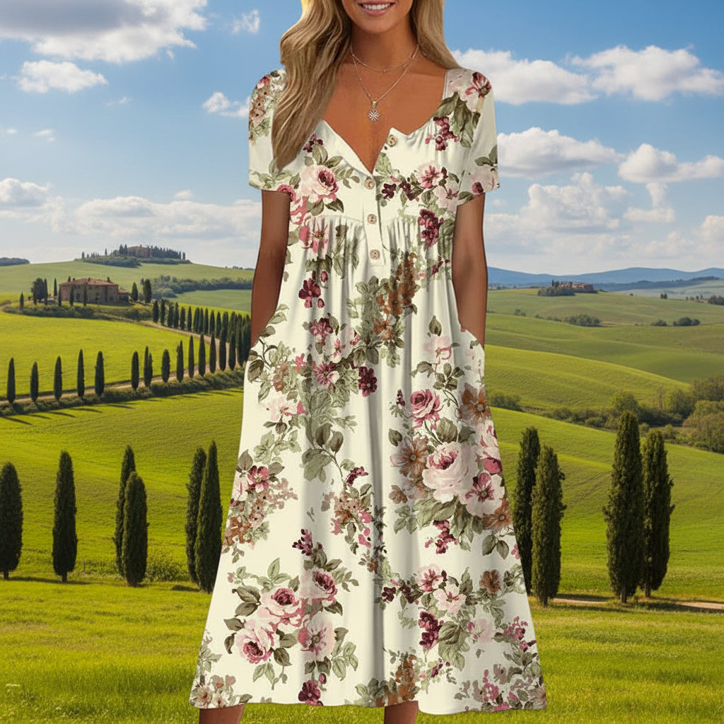 Women's Floral Print Linen V-Neck Midi Dress