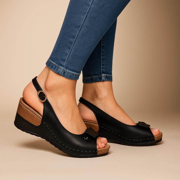Women's Leather Peep Toe Wedge Sandals Slingback Heel Platform Shoes