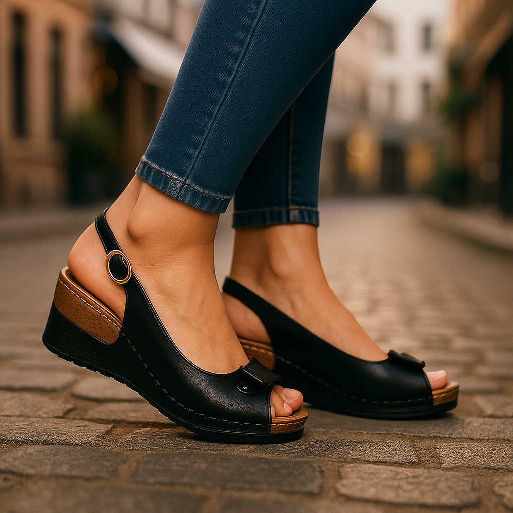 Women's Leather Peep Toe Wedge Sandals Slingback Heel Platform Shoes
