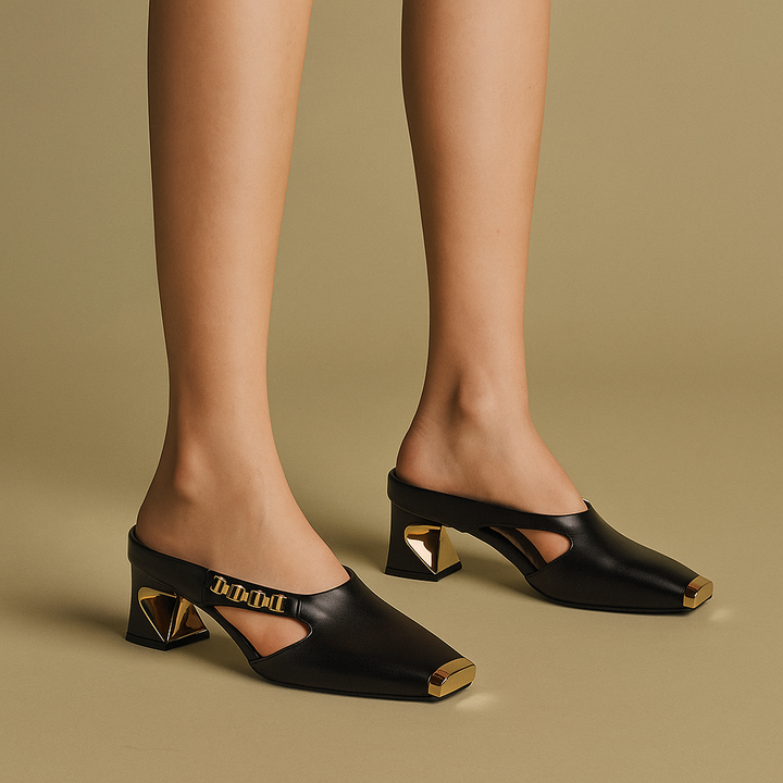 Women’s Leather Pointed Toe Block Heel Mules Gold Trim Slip On Pumps