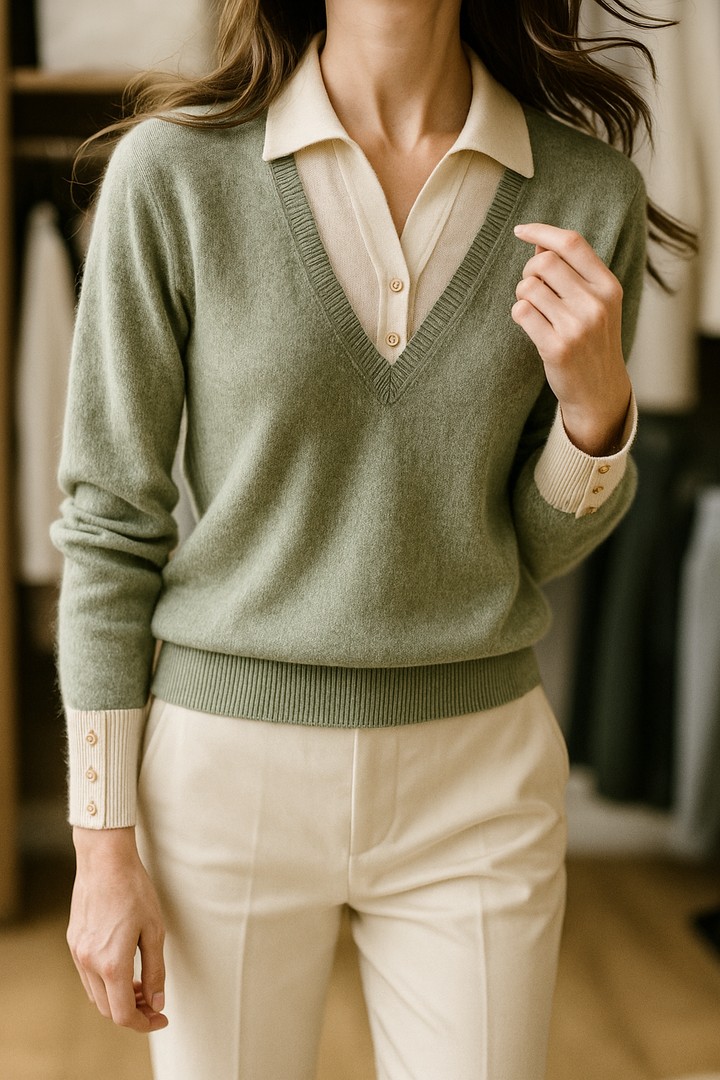 Women's Knit Sweater Collared V-Neck Pullover Top 
