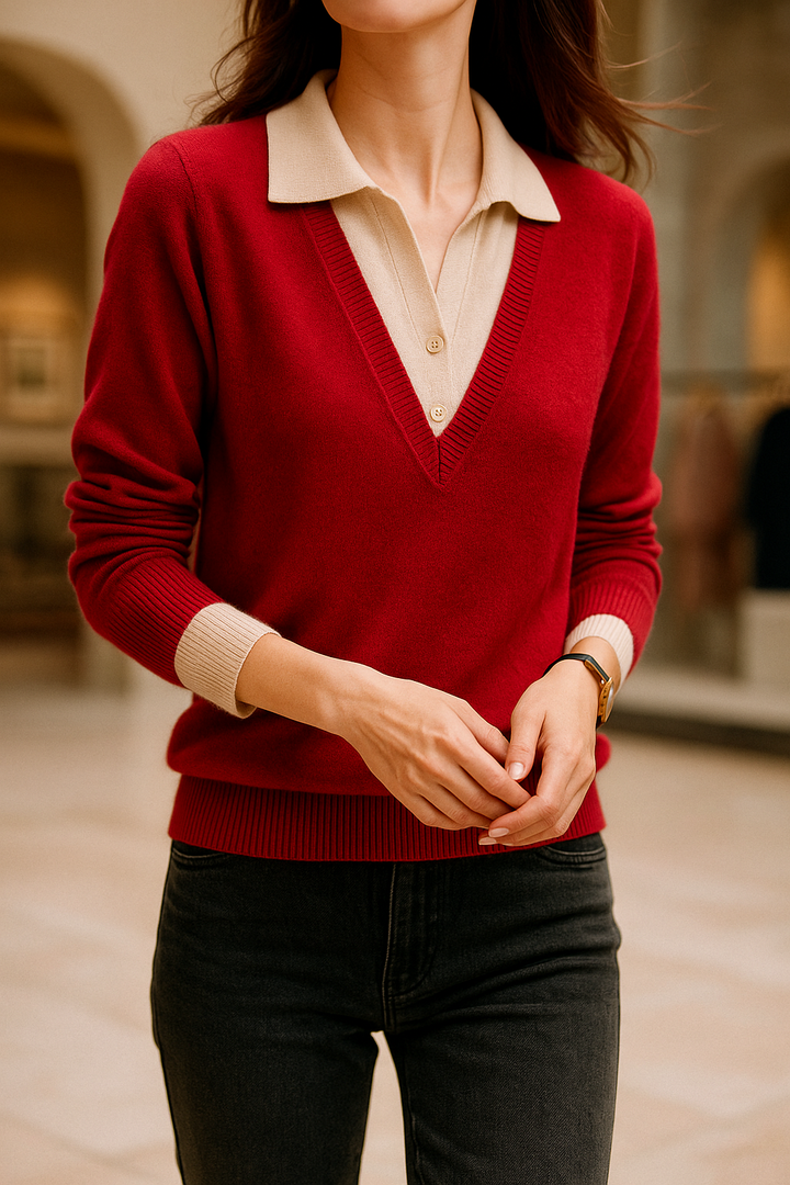 Women's Knit Sweater Collared V-Neck Pullover Top 