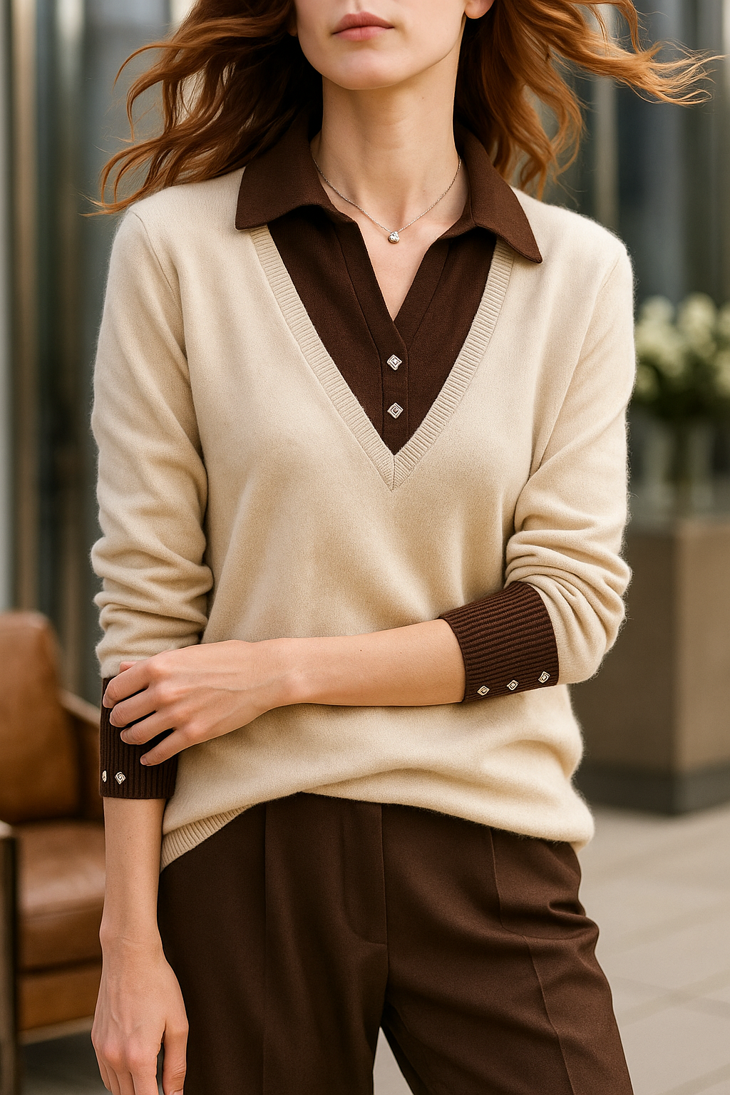 Women's Knit Sweater Collared V-Neck Pullover Top 