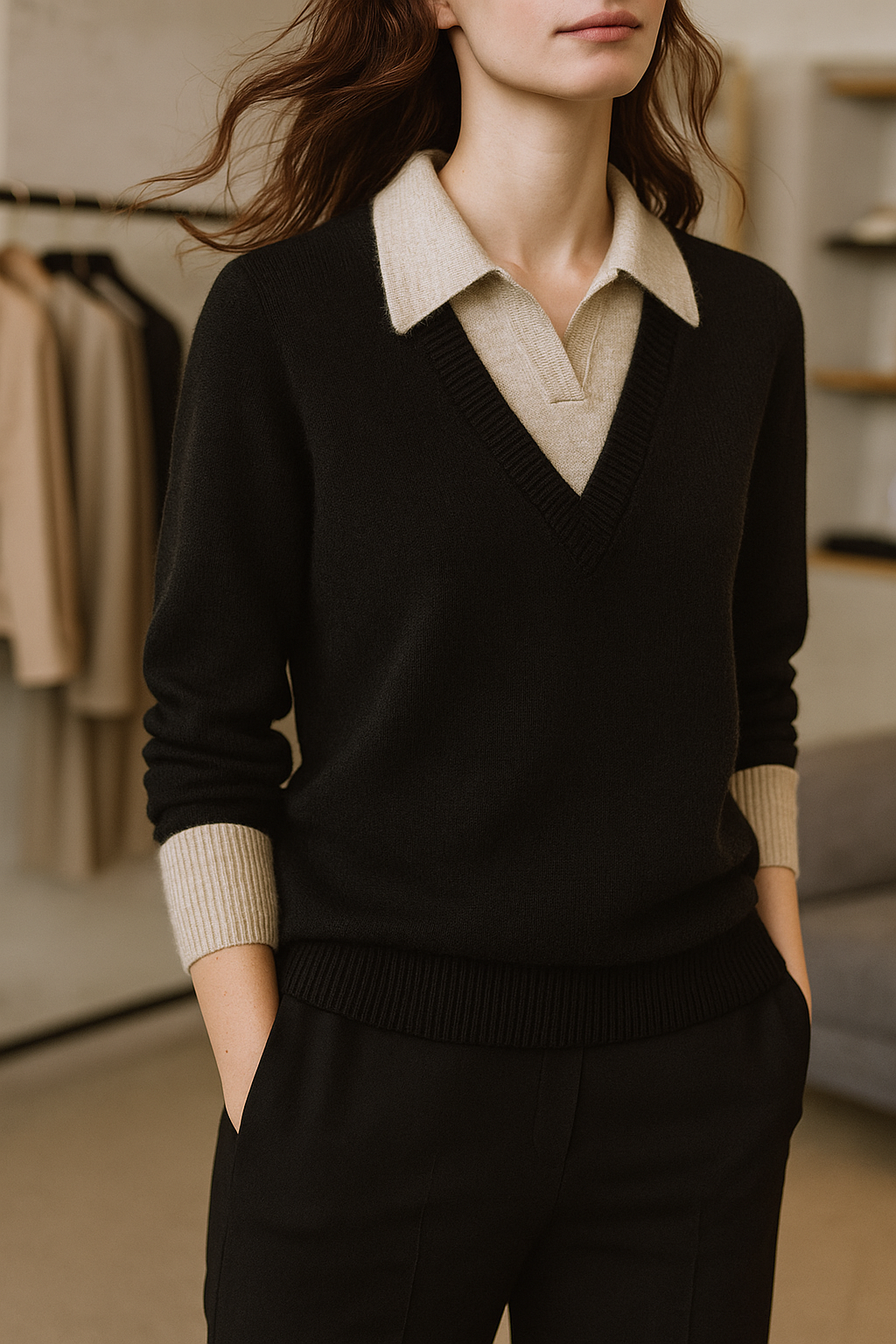 Women's Knit Sweater Collared V-Neck Pullover Top 