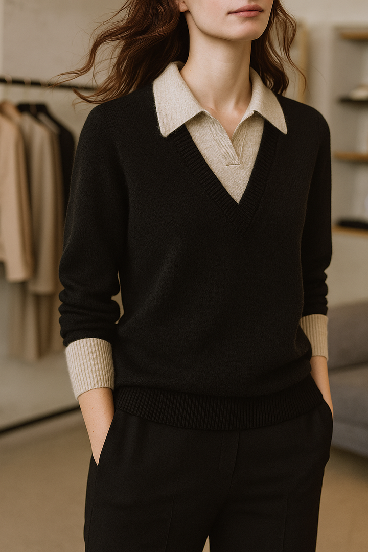 Women's Knit Sweater Collared V-Neck Pullover Top 