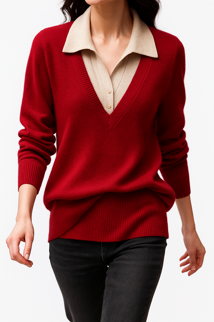 Women's Knit Sweater Collared V-Neck Pullover Top 