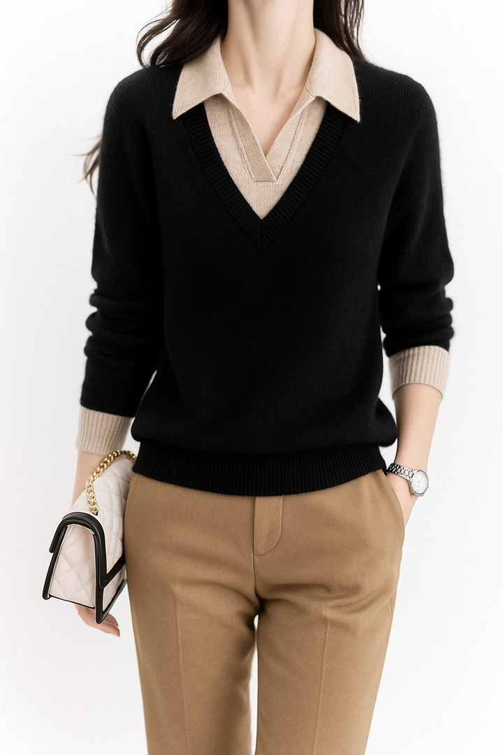 Women's Knit Sweater Collared V-Neck Pullover Top 