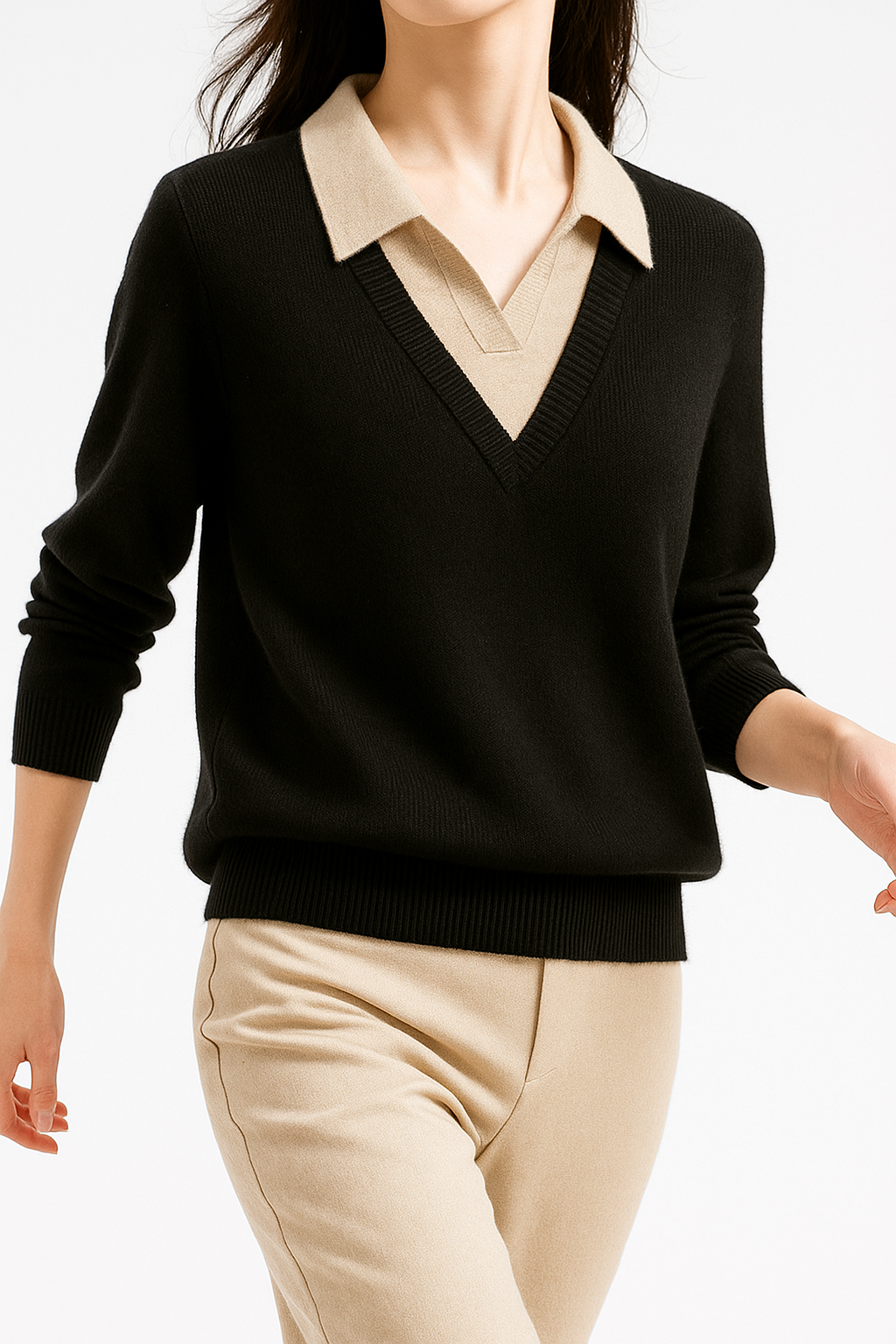 Women's Knit Sweater Collared V-Neck Pullover Top 