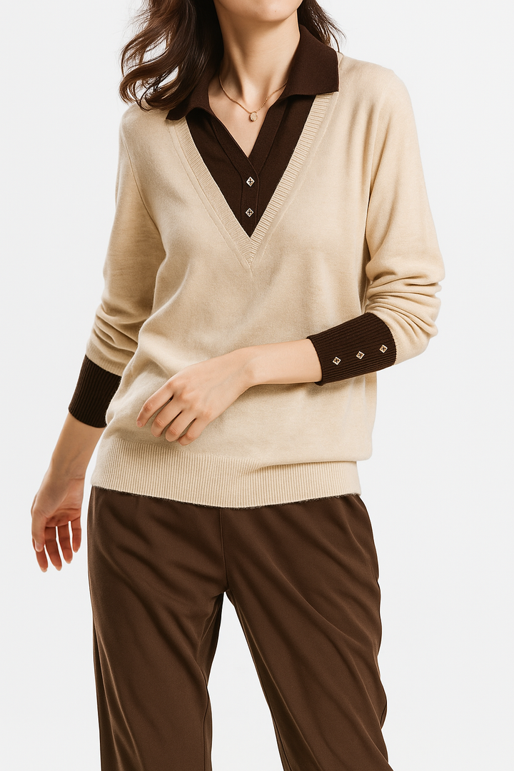 Women's Knit Sweater Collared V-Neck Pullover Top 