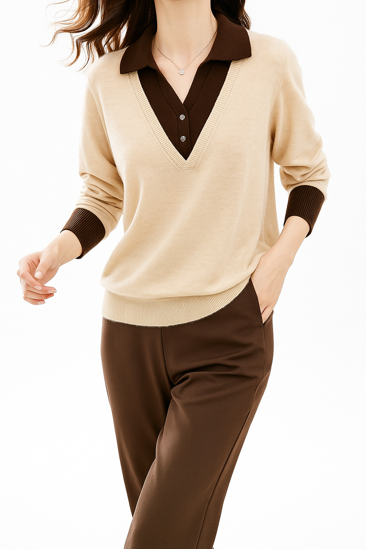Women's Knit Sweater Collared V-Neck Pullover Top 