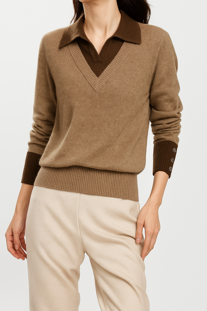Women's Knit Sweater Collared V-Neck Pullover Top 