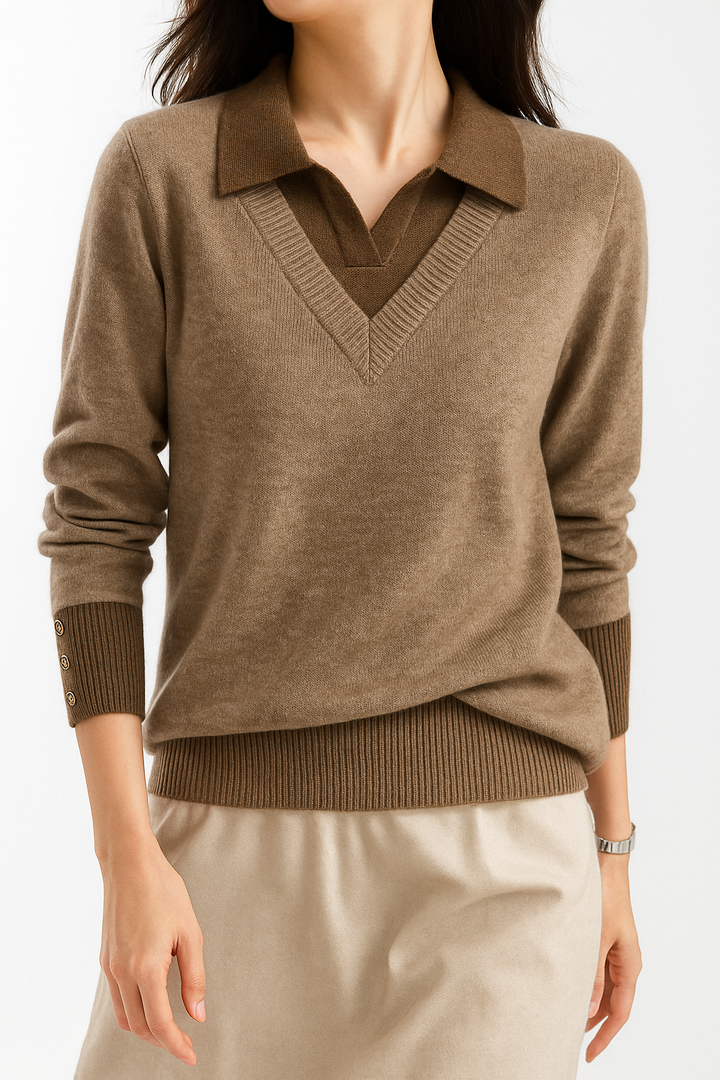 Women's Knit Sweater Collared V-Neck Pullover Top 