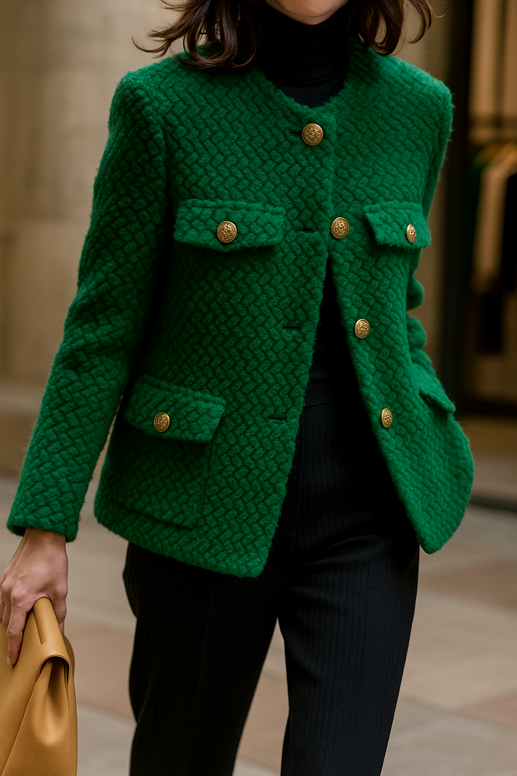 Women's Wool Tweed Jacket Knit Cardigan Outerwear Top