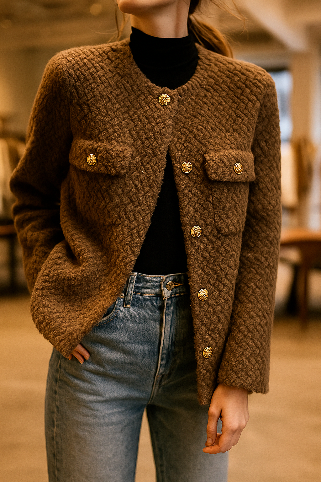 Women's Wool Tweed Jacket Knit Cardigan Outerwear Top