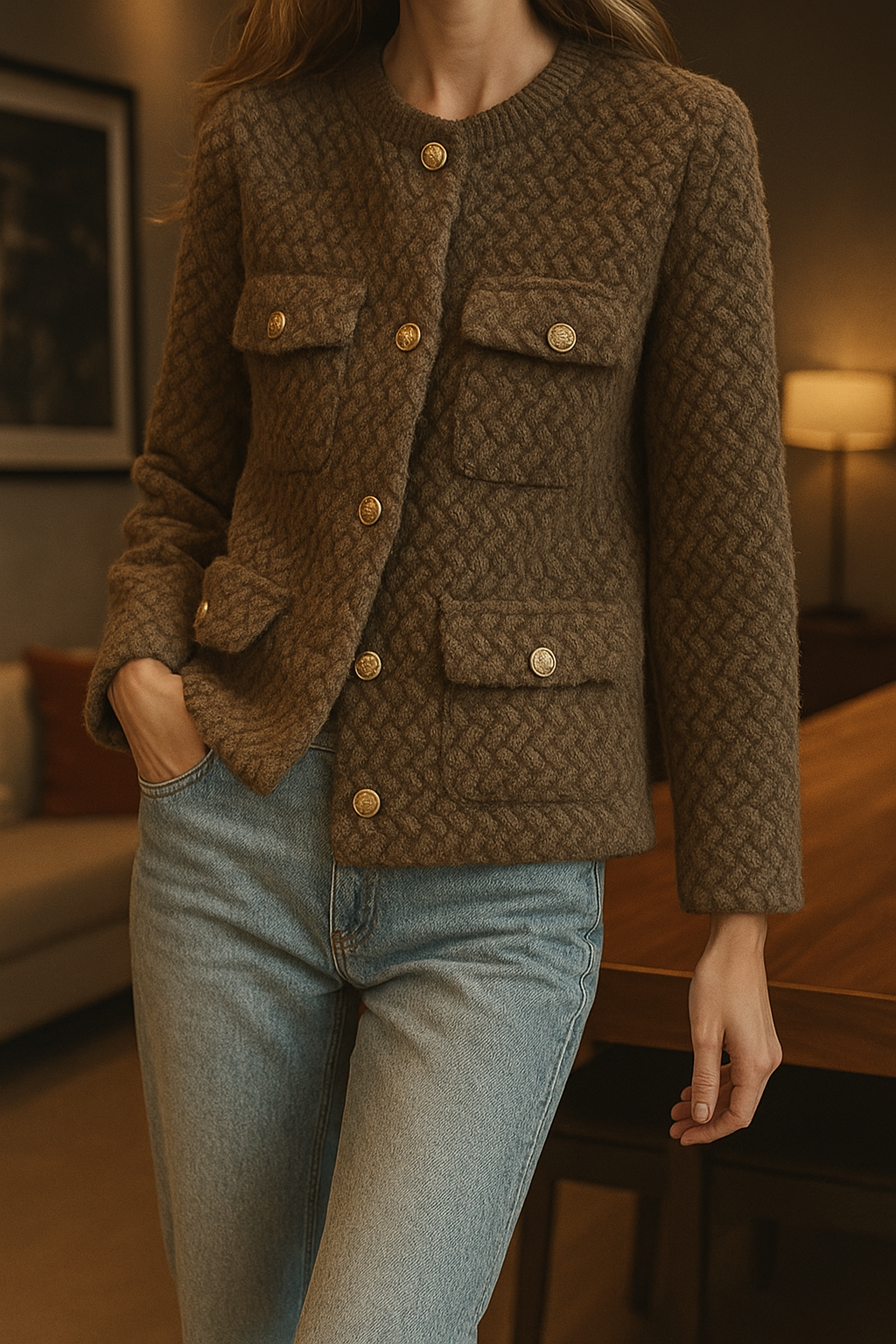 Women's Wool Tweed Jacket Knit Cardigan Outerwear Top