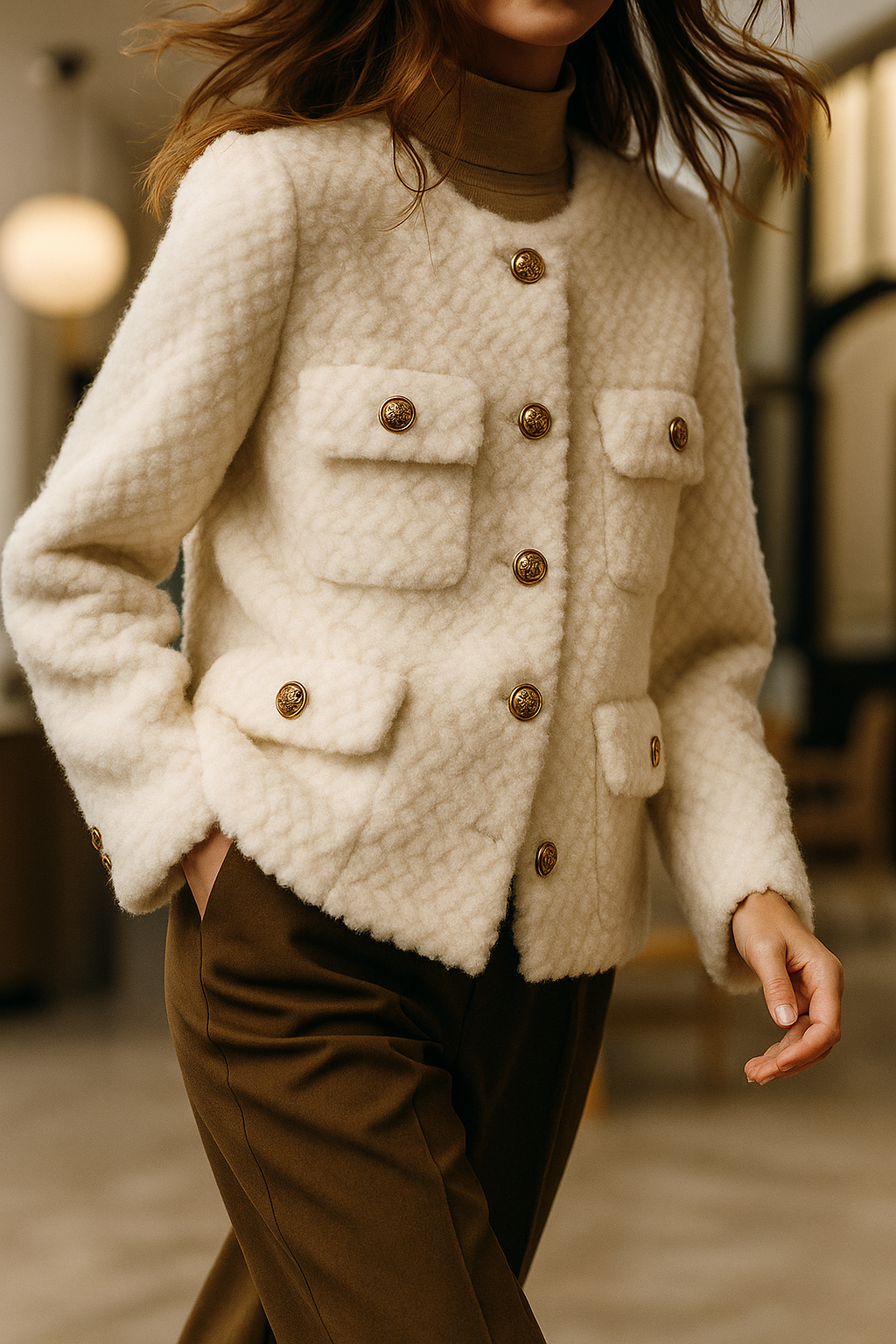 Women's Wool Tweed Jacket Knit Cardigan Outerwear Top