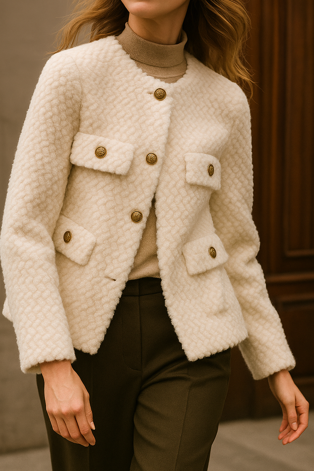 Women's Wool Tweed Jacket Knit Cardigan Outerwear Top