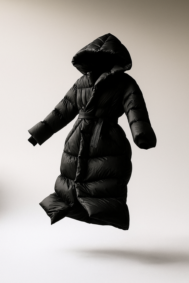 Dámská prošívaná bunda s kapucí, dlouhá, nylonová péřová parka