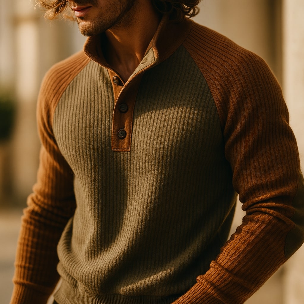 Men's Knit Raglan Pullover Henley Sweater
