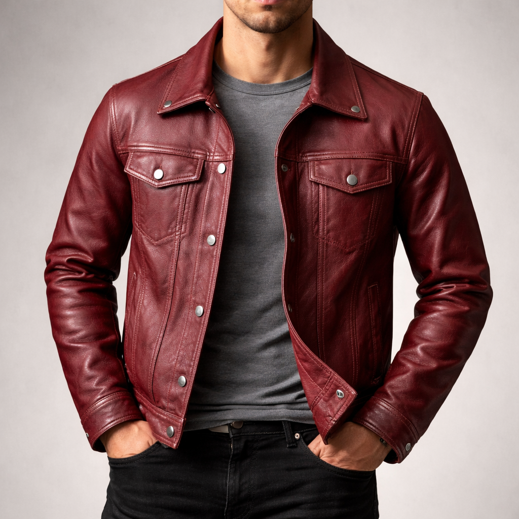 Men's Leather Trucker Jacket Outerwear Coat