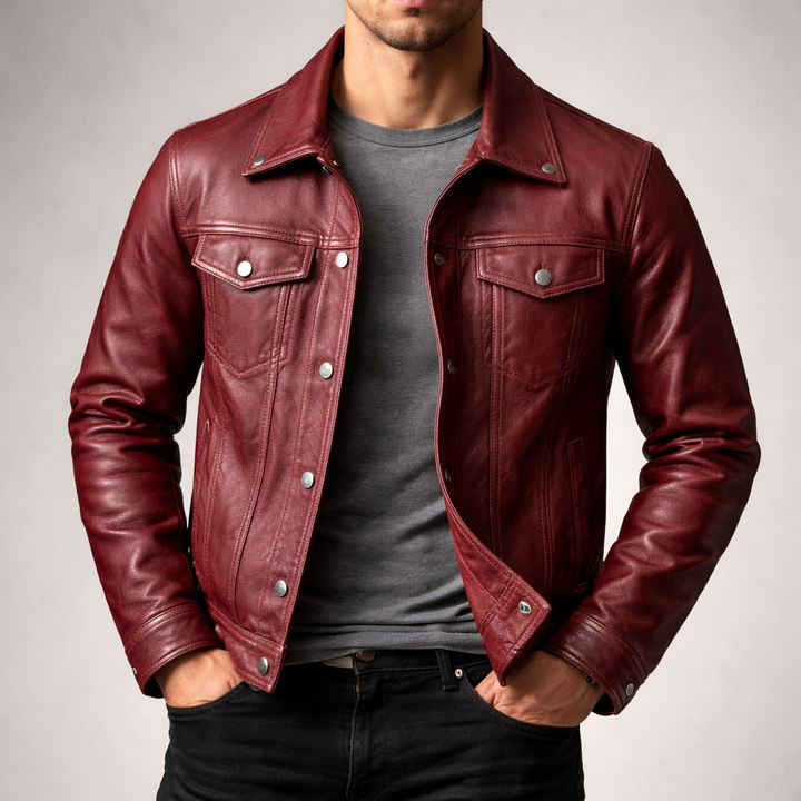 Men's Leather Trucker Jacket Outerwear Coat