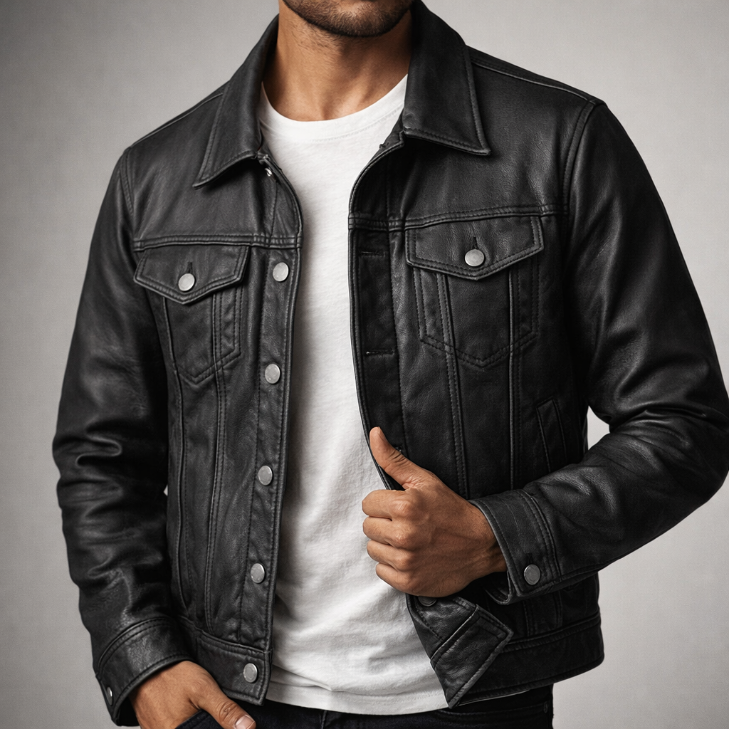 Men's Leather Trucker Jacket Outerwear Coat