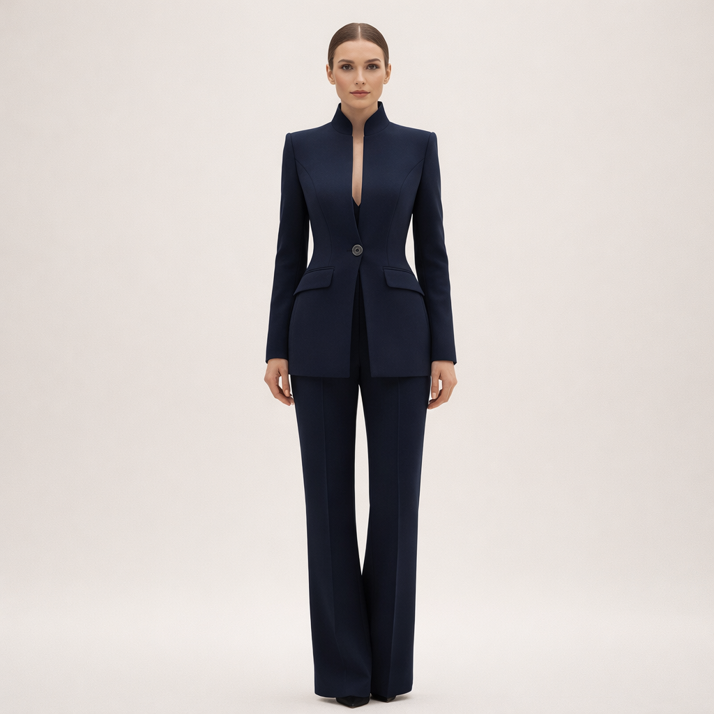 Women Wool High Neck Blazer Pants Suit