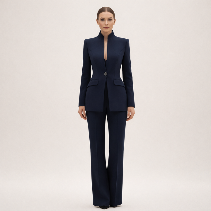Women Wool High Neck Blazer Pants Suit