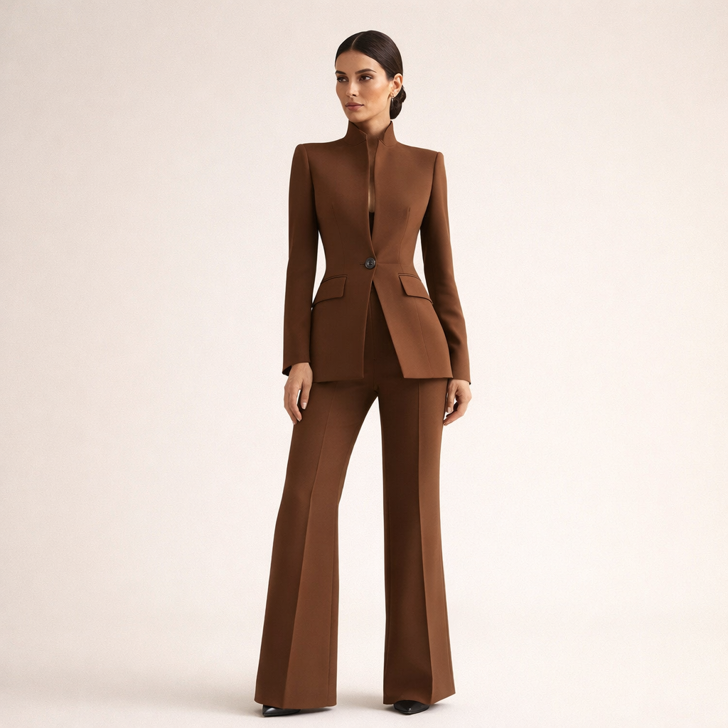 Women Wool High Neck Blazer Pants Suit