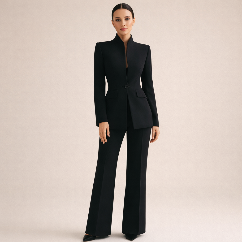 Women Wool High Neck Blazer Pants Suit