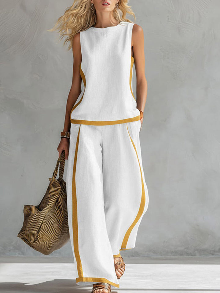 Women's Linen Blend Two Piece Sleeveless Top and Wide Leg Trousers Set
