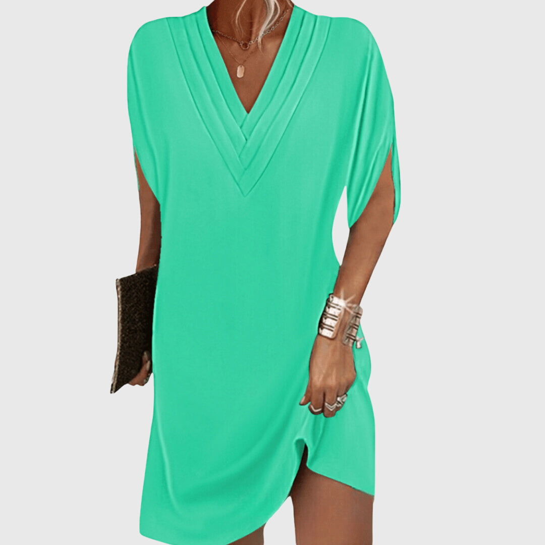 Women's Linen Blend V-Neck Short Sleeve Casual Mini Dress