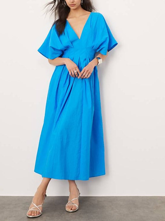 Women's Linen Maxi Dress V-Neck Flare Sleeve Casual Dress