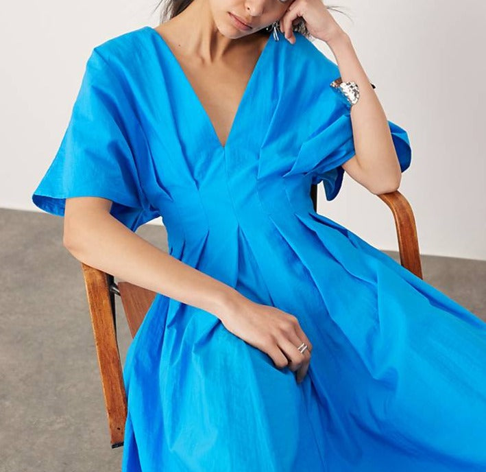 Women's Linen Maxi Dress V-Neck Flare Sleeve Casual Dress