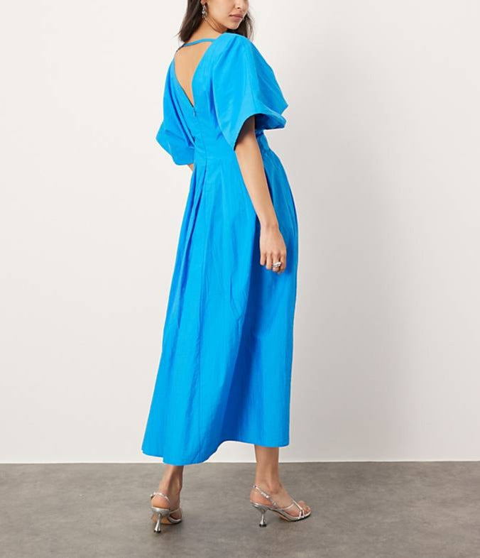 Women's Linen Maxi Dress V-Neck Flare Sleeve Casual Dress