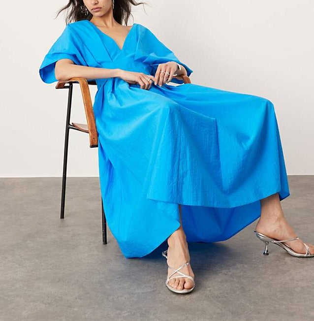 Women's Linen Maxi Dress V-Neck Flare Sleeve Casual Dress